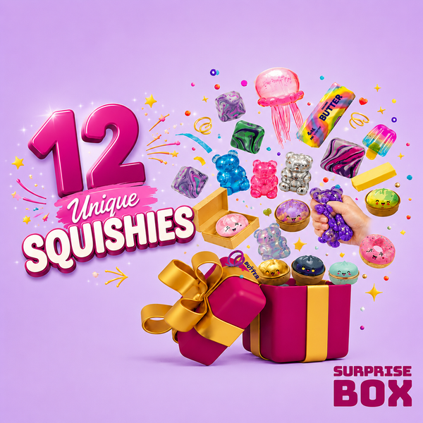 Promotional image of a '12 Unique Squishies Surprise Box' with colorful squishies on a purple background.