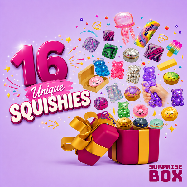 Promotional image of a '16 Unique Squishies Surprise Box' with colorful squishy toys on a purple background.